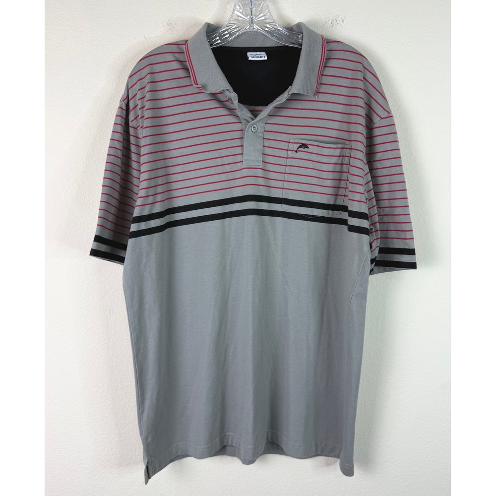 Gioberti Polo Shirt Mens XXL Grey Red Striped Pocket Dolphin Casual Retro
